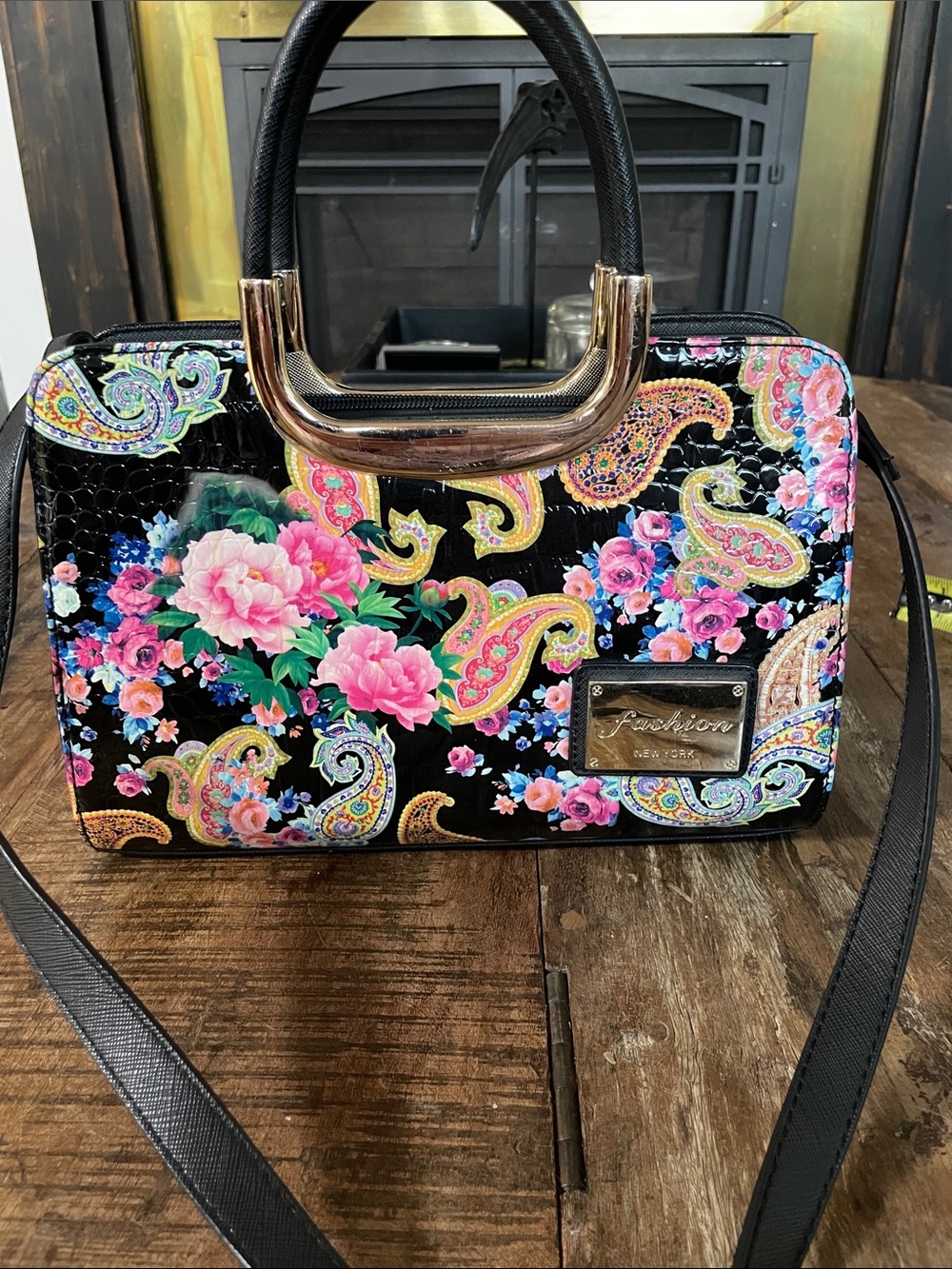 Black Floral Paisley Satchel with Gold Accent Handle